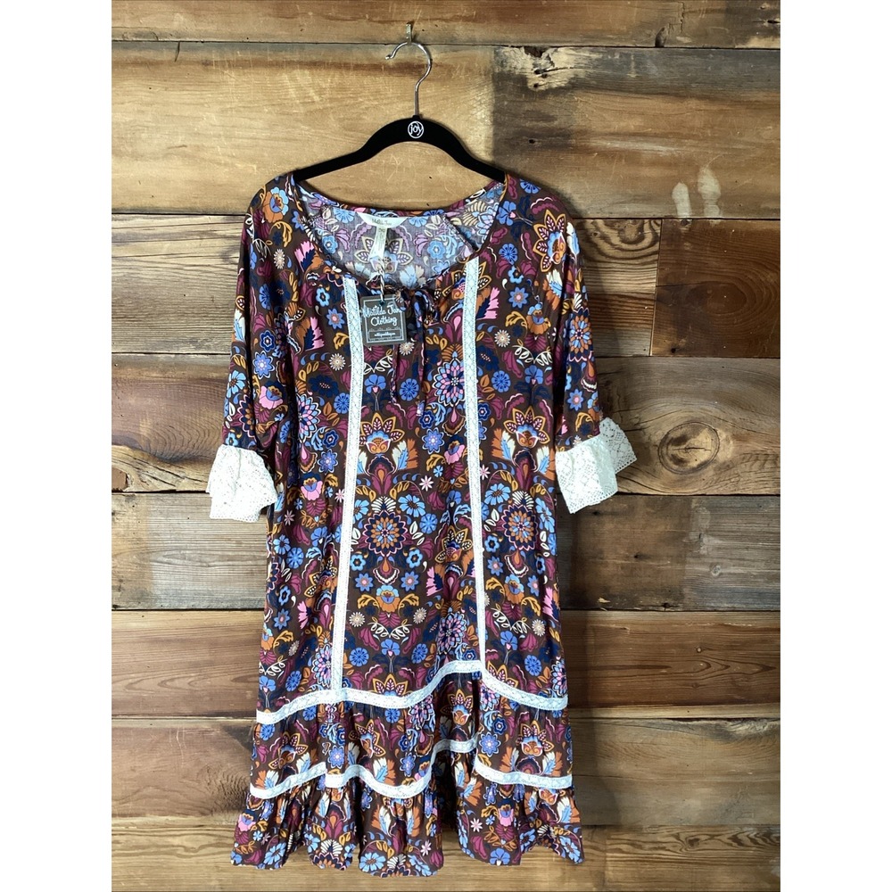 Matilda Jane Make Believe Intermission Dress Brown Floral Lace Pockets Med NEW